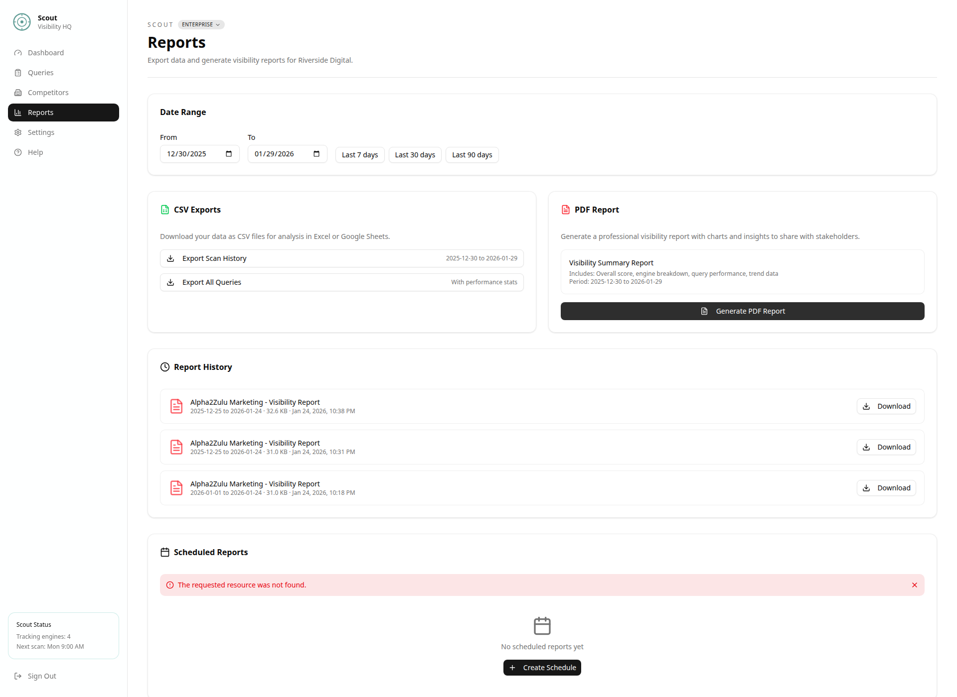 Scout reports showing voice search visibility tracking and AI recommendations